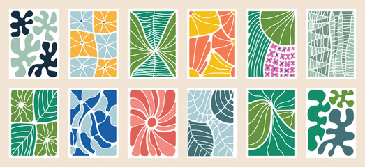 Fototapeta na wymiar Botanical doodle background art vector set. Flower and leaves abstract shape doodle art design for print, wallpaper, clipart, wall art for home decoration.