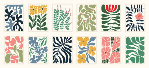 Fototapeta na wymiar Botanical doodle background art vector set. Flower and leaves abstract shape doodle art design for print, wallpaper, clipart, wall art for home decoration.