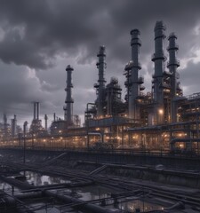 Massive oil refinery complex under a brooding sky ,  industrial area,  scene