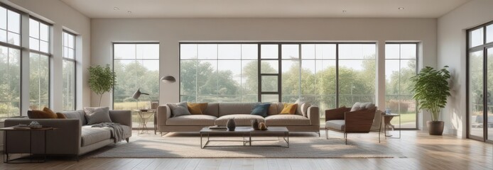 Bright living room with large windows and natural light, home, living room