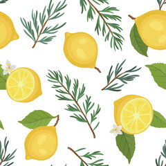 A seamless vector pattern featuring fresh yellow lemons, green leaves, and rosemary sprigs on a white background