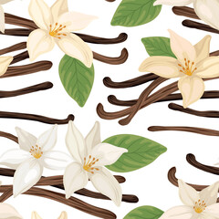 Realistic Vanilla Flower and Beans seamless pattern, vector Illustration