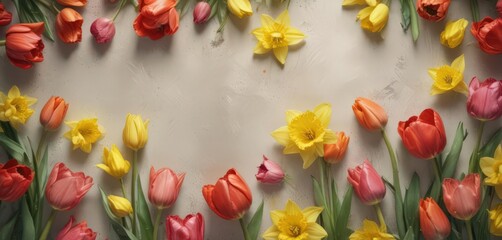Vibrant tulips and daffodils burst forth on textured watercolor paper ,  photography,  red