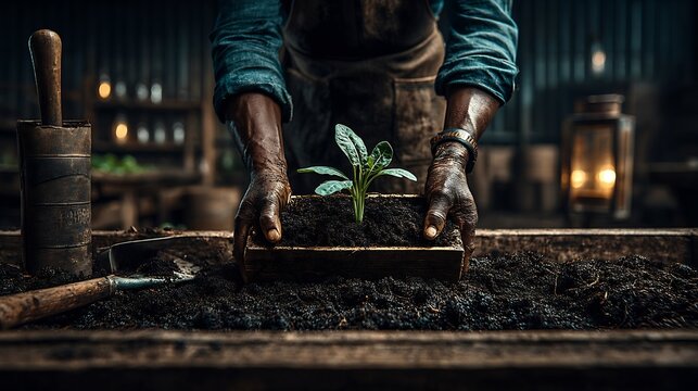 Black Farmer Planting Seedling in Greenhouse.