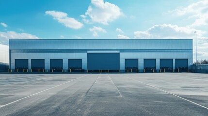 Naklejka premium Large Industrial Hangar Building with Empty Parking Lot Under Clear Blue Sky