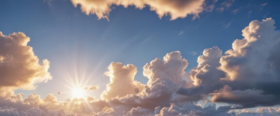 Distressed parchment, vibrant blue sky, fluffy clouds, sun glow , glow, design, bright