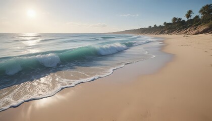 Gentle blue waves caress the sandy shore, creating a tranquil scene ,  sand,  shore