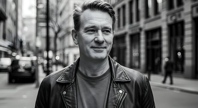 Fototapeta Monochromatic Portrait of a Man in a City Street, Stylish Leather Jacket, Candid Expression, Black and White Photography, Urban Setting
