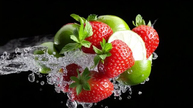Strawberries, limes and mint leaves rotating in water splash on black background