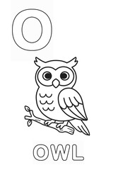 Alphabet Coloring Page for Kids. Children's Coloring Activity sheet. Cute Owl Illustration to Color.