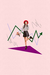 Trendy vertical image photo art collage of happy businesswoman businessman receive arrow progress statistics career promotion