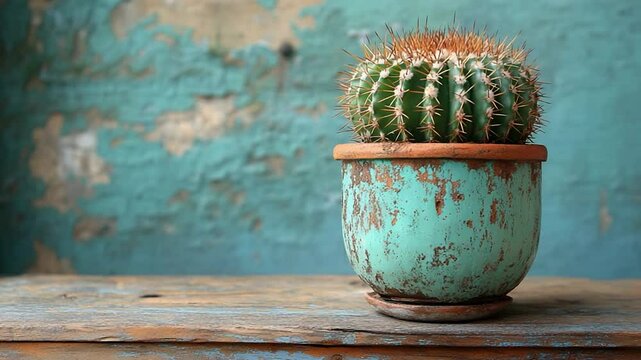 Cactus in teal terracotta pot