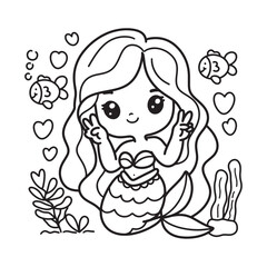 Mermaid kawaii cute cartoon coloring page hand drawing illustration