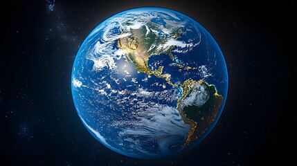 Obraz premium A detailed, photorealistic depiction of planet Earth from space, showcasing North and South America, illuminated city lights, swirling clouds, and a dark, star-studded backdrop