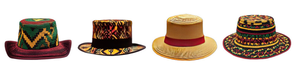 Four Unique Hats with Different Colors and Designs on Transparent Background