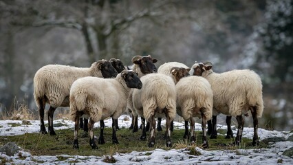 Fototapeta premium Group of Black Headed Sheep Grazing in a Snow-Dusted Scenic Field