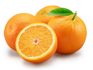Orange fruits with green leaf and orange sliced in half on white background. File contains clipping path.