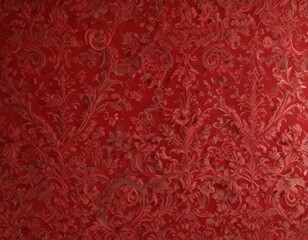 Luxurious red damask fabric, swirling floral details, opulent texture, rich, wallpaper