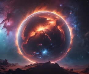 Otherworldly sphere, radiating light in a nebula ,  red, glowing sphere