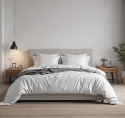King-size bed, white linens, minimalist Scandinavian bedroom ,  airy,  bedding,  interior design