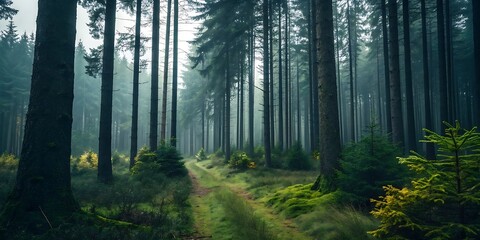 Naklejka premium Misty Forest Path A Serene Trail Through Tall Pine Trees and Lush Green Undergrowth