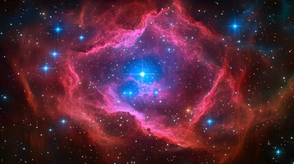 A vibrant nebula, predominantly red and pink, encircles a brilliant blue-white star at its core.  Surrounding stars twinkle against a dark cosmic backdrop
