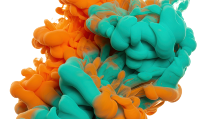 Orange and turquoise ink swirling in water isolated on white background