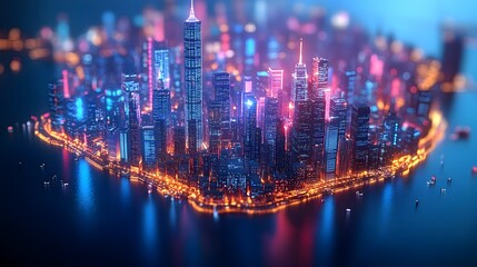 Fototapeta premium A vibrant, stylized nighttime cityscape, illuminated with pink and blue neon lights, situated on an island surrounded by dark water