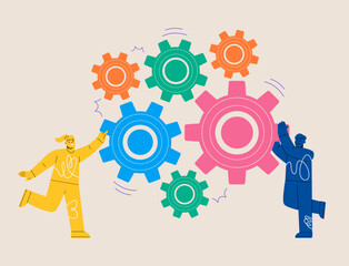Man and woman holding gears in hands as symbol of cooperation. Teamwork collaboration and unity concept. Colorful vector illustration