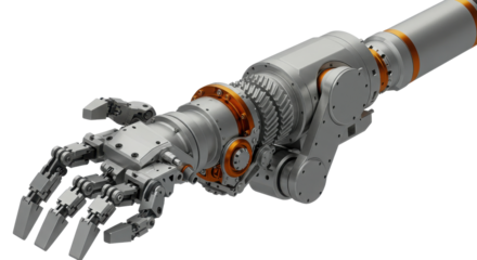 High-Detail Industrial Robotic Arm Prosthetic Hand 3D Render Isolated on White