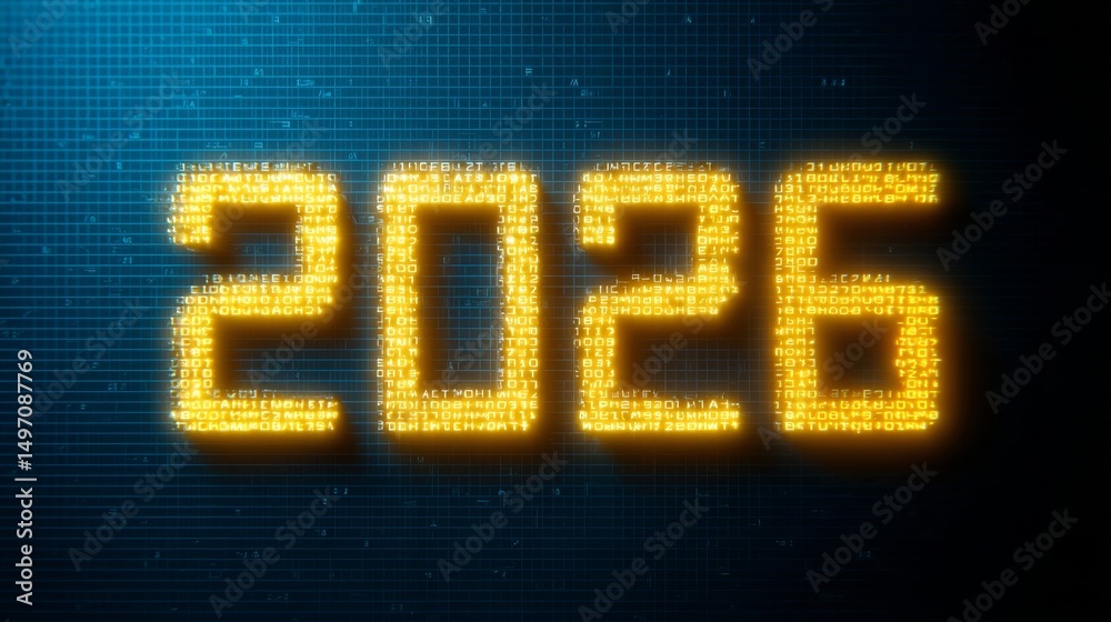 Wall mural digital binary code forming the year 2026, illuminated against a futuristic technology background.