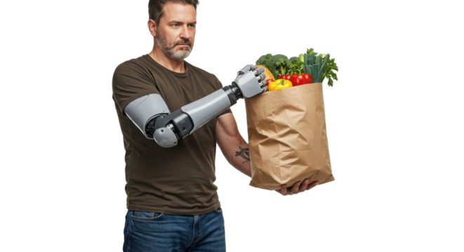 Man using futuristic prosthetic arm to hold a brown paper bag full of groceries isolated on white