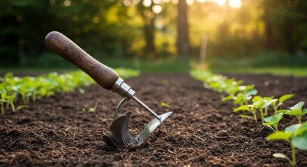 Fototapeta premium Precision planting with a seed dibbler amidst rows of emerging seedlings