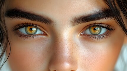 Naklejka premium Close-up of a young woman's hazel eyes, framed by dark brows and complemented by subtle freckles and sun-kissed skin