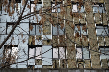View of a damaged high rise building exterior in Kyiv with defocused leafy tree in the foreground
