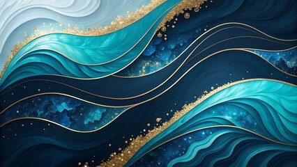 Abstract Teal and Gold Waves with Celestial Elements Digital Art Print
