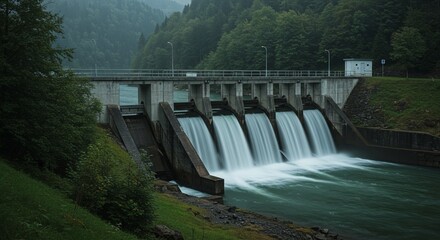 A large body of water with a waterfall and a bridge in the background