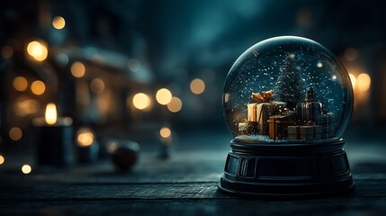 Christmas Snow Globe with Festive Gifts, and Winter Night.