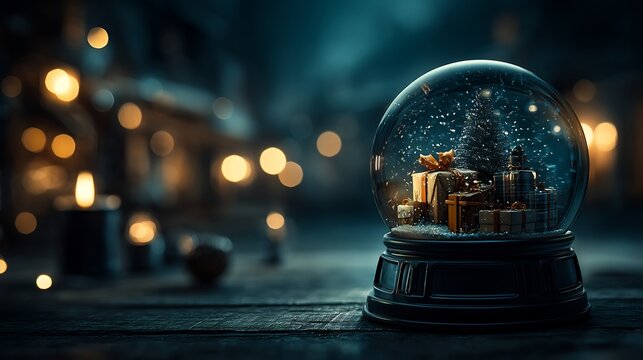 Christmas Snow Globe with Festive Gifts, and Winter Night.