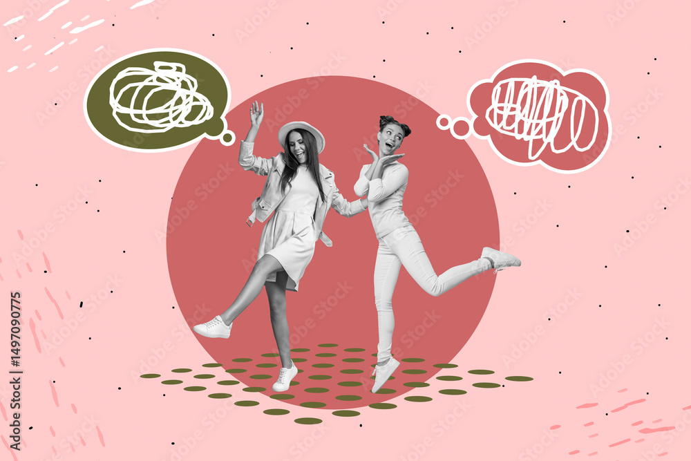 Poster full image 3d collage poster of happy girl guy stand bubble receive message communication icon dialo