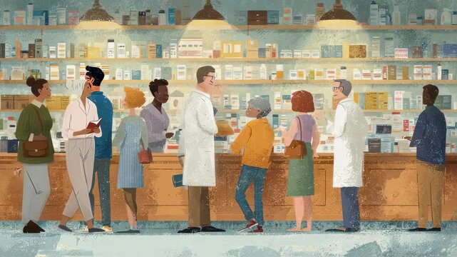 Diverse customers wait in line at a pharmacy counter, engaging in conversations with pharmacists and each other, surrounded by shelves filled with medications