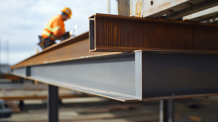 Construction Worker Inspecting Steel Beams
