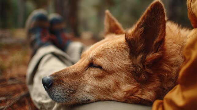 Slow-living moment of dog resting its head on owner knee, surrounded by forest calm..