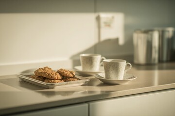 In a clean office kitchenette during a quick break Tea cups are placed on the counter next to a tray of cookies The mood is relaxed and simple