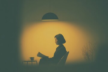 In a cozy office nook with soft lighting A worker is sitting alone, sipping tea and reading through a report The mood is quiet and thoughtful