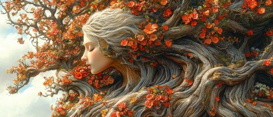 Ethereal woman intertwined with a blossoming tree, profile view, serene