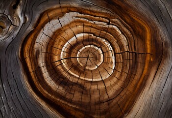 Fossilized wood texture, preserved annular rings, mineral deposits in cracks, earthy brown-gray palette