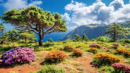Fototapeta premium Stunning Ocean View Coastal Landscape with Blooming Flowers and Majestic Pine Tree