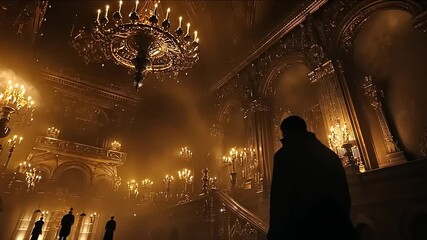 Mysterious figures in a candlelit gothic hall with ornate architecture, evocative scene - Powered by Adobe