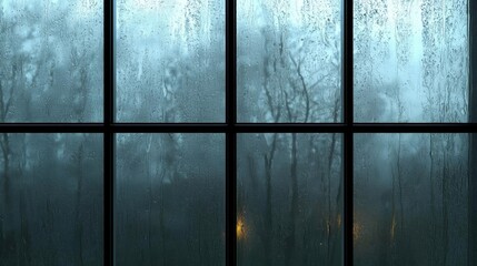 Close-up of a window with multiple panes of glass. the glass is covered in small droplets of water, creating a textured pattern on the surface.